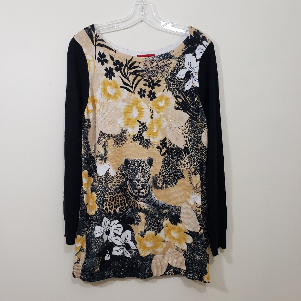 Red - cheetah & floral print long ribbed sweater woman's size medium